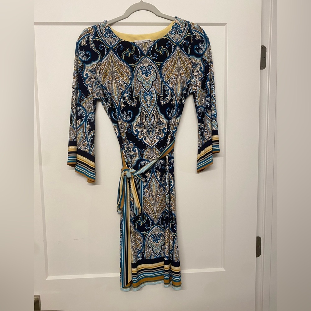 Studio One Blue and Gold Paisley Long Sleeve Dress